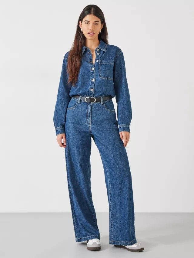 Full Denim Outfit, Spring Trends Outfits, Jumpsuit Outfits, Leather Boots Heels, Fitted Jumpsuit, Denim Jumpsuit, Denim Outfit, Outfits Casuales, Casual Fits