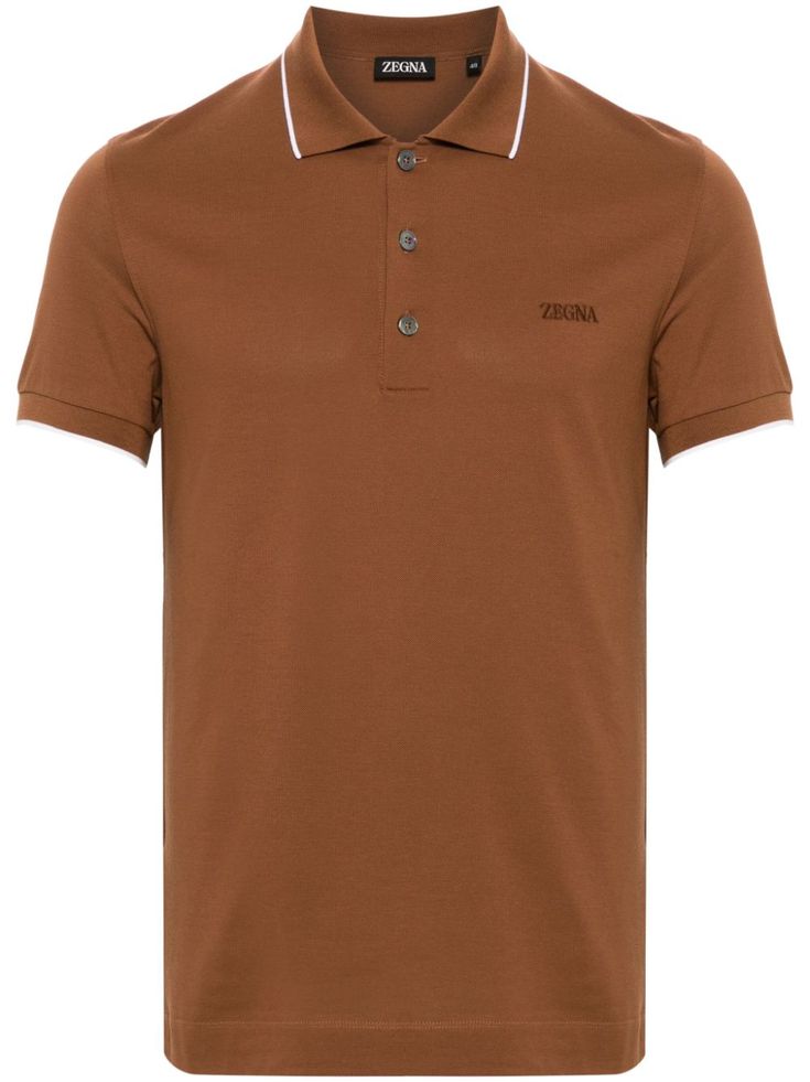 cinnamon brown cotton blend stretch-design piqué weave polo collar short sleeves contrasting trim embroidered logo at the chest straight hem short front button fastening Cinnamon Brown, Embroidered Polo Shirts, Contrasting Trim, Balenciaga Triple S, Dress Watch, Custom Watch, Summer Beach Wear, Short Suit, Polo Collar