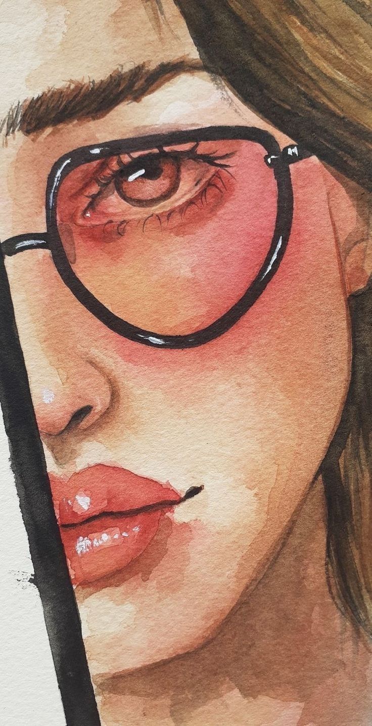 a watercolor painting of a woman with glasses on her face, looking at the camera