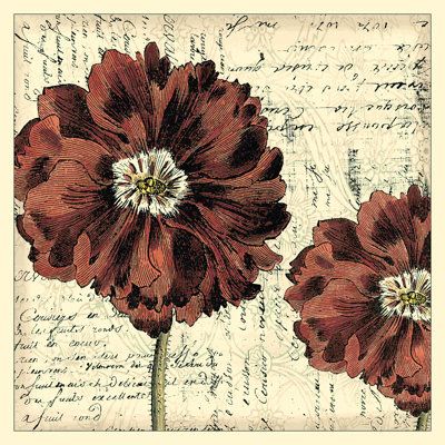 two red flowers sitting on top of an old piece of paper with writing in the background