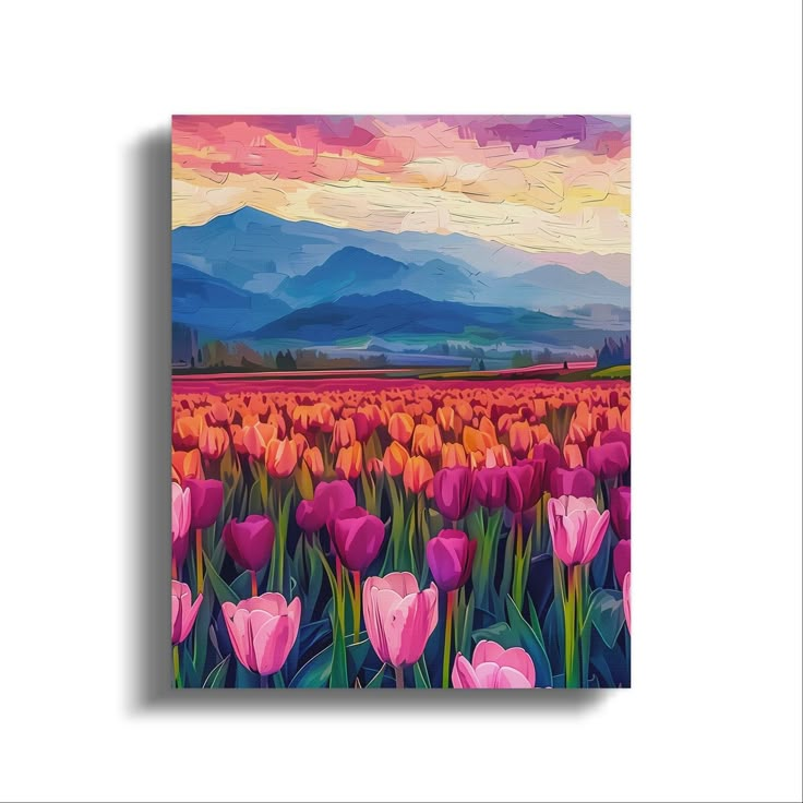 a painting of pink tulips in a field with mountains in the back ground