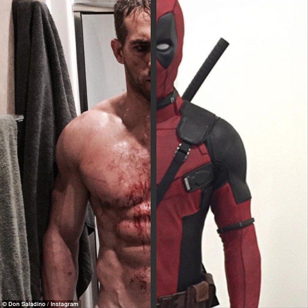 two pictures of deadpools with blood all over their body and chest, one showing the