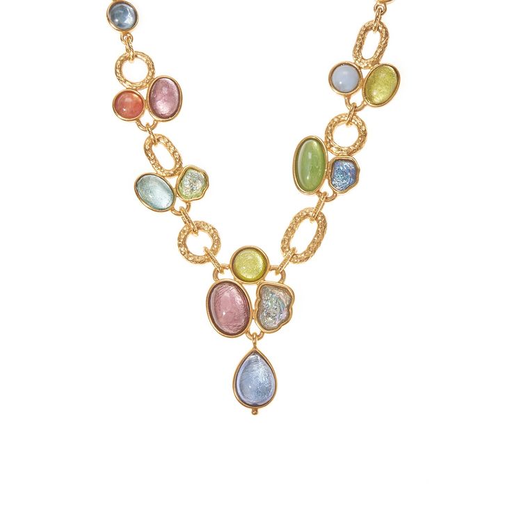 Here's the Brigitte Necklace from Ben-Amun's Gilda Collection. This beautiful piece is handmade in our New York City Design Studio from high-quality materials. The necklace measures 16 3/4 inches long and features 24K gold electroplated metal, Czech Republic glass stones, and bohemian glass vintage stones with gold leaf. It has a lobster claw closure and is perfect for any occasion. Whether you're dressing up for a special event or just adding a touch of glamour to your everyday look, the Brigit Gold Costume Jewelry Necklaces With Stones, Gold Costume Jewelry Necklace With Stones, Gold Necklaces With Stones For Party, Multicolor Gold-plated Necklaces For Parties, Multicolor Gold Plated Necklaces For Party, Elegant Multicolor Metal Chain Necklace, Luxury Jeweled Metal Necklaces, Luxury Gold Beaded Necklaces With Natural Stones, Gold Multi-stone Costume Jewelry