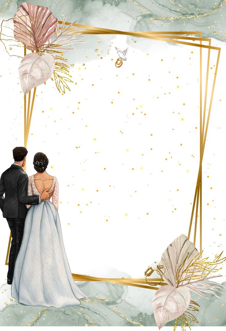 a wedding card with an illustration of a bride and groom looking at each other in front of a white background