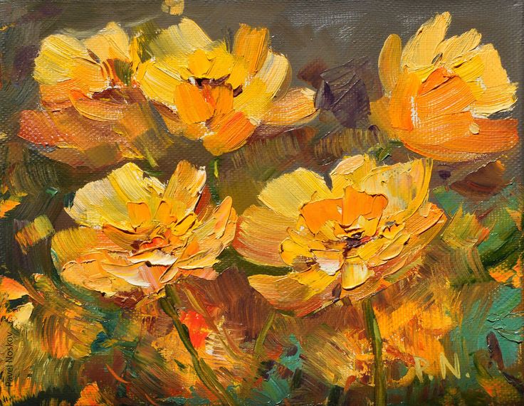 an oil painting of yellow flowers on a green background