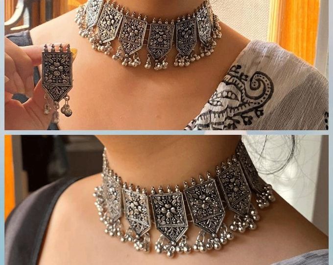 Kolkata Aesthetic, Oxidised Choker, Afghani Jewelry, Black Metal Jewelry, Oxidised Jewelry, Beautiful Personality, Traditional Boho, Indian Choker, Oxidised Silver Jewelry