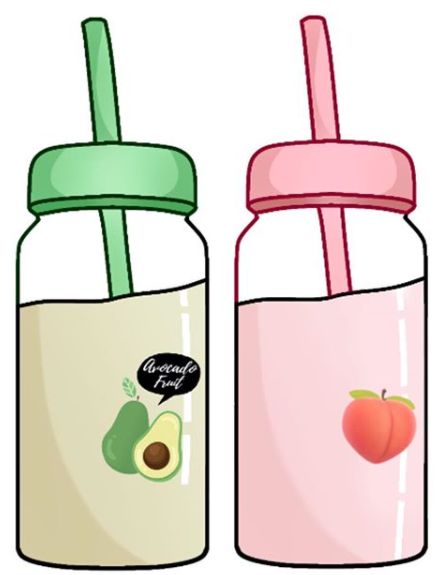 two glass bottles with straws and an avocado on the top one is empty