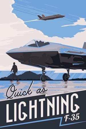 a poster advertising an air force jet flying over water with a man standing next to it