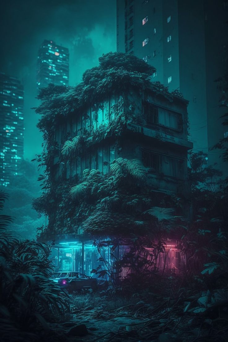 a tall building surrounded by trees in the middle of a forest