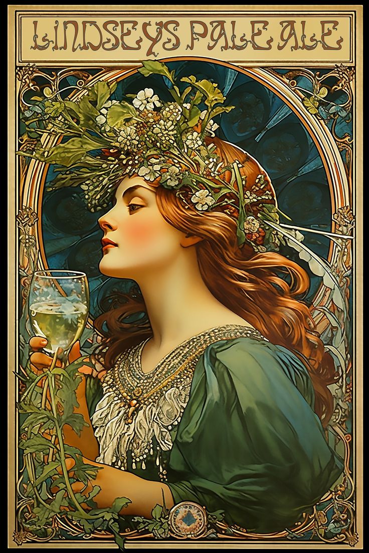 a painting of a woman holding a wine glass with flowers in her hair and the words lindsey's palace on it