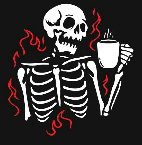 a skeleton holding a cup and spoon with flames coming out of it, on a black background