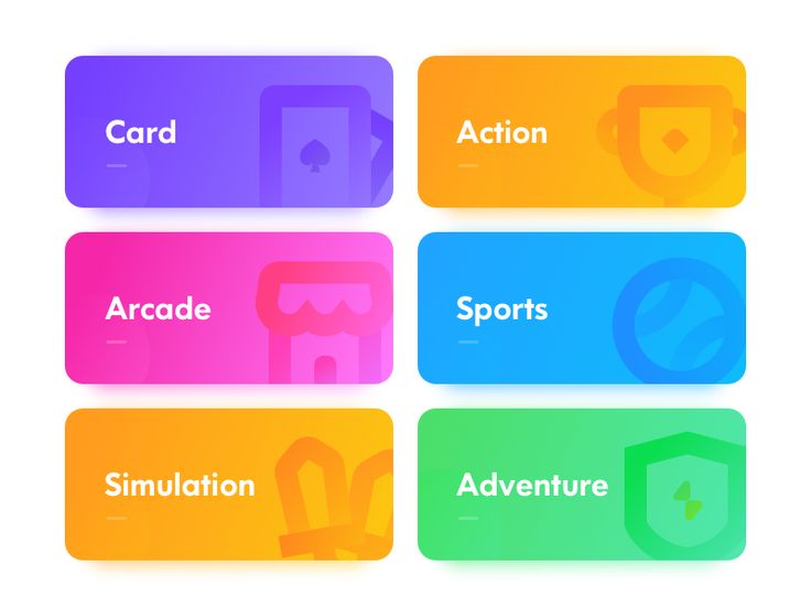 four different colored cards with the words card, arcade, sports and adventure on them