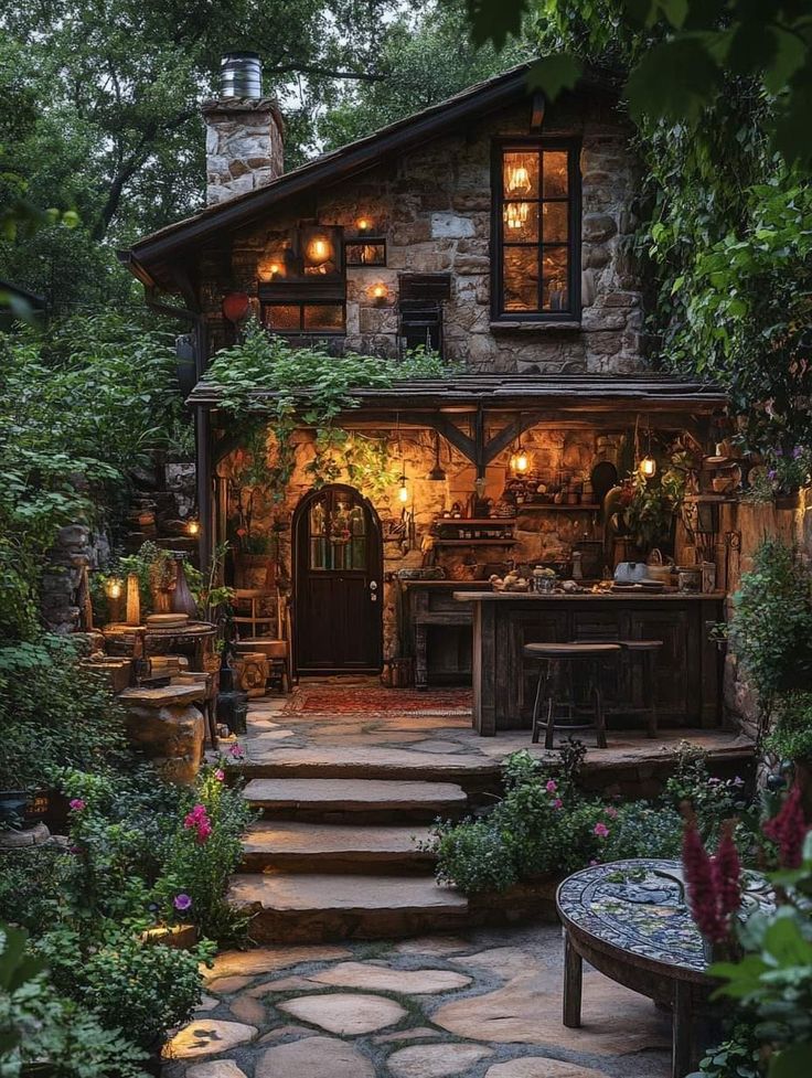 a stone house with steps leading up to the front door and an outdoor kitchen area