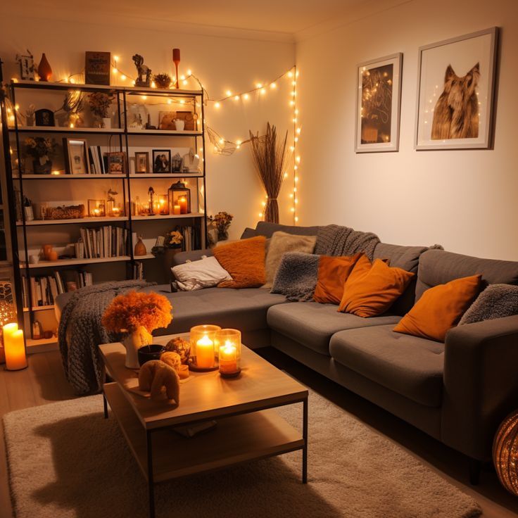 a living room filled with furniture and candles