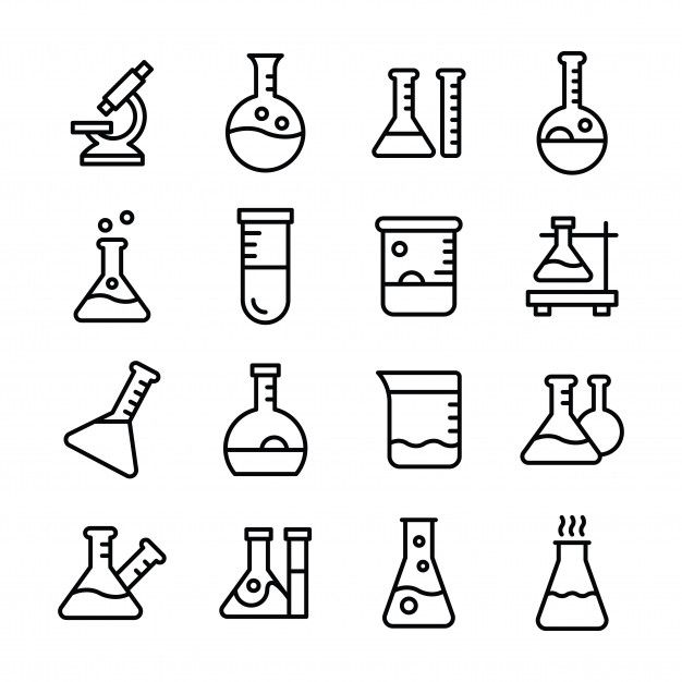 black and white science icons on a white background, including beakles, flasks, test tubes, etc