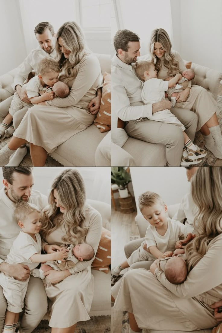 a family is sitting on the couch with their baby in their arms and looking at each other