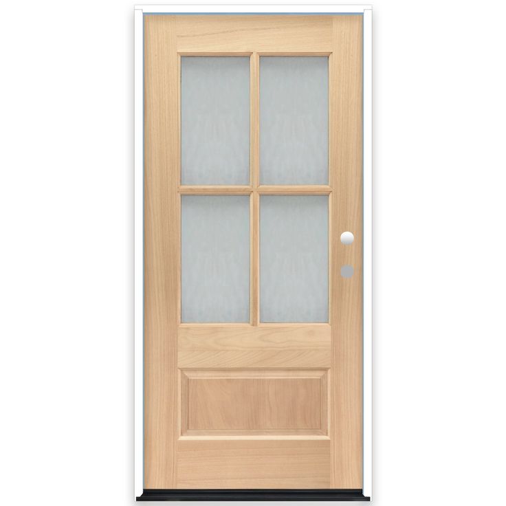 a wooden door with frosted glass on the top and bottom panel, in front of a white background