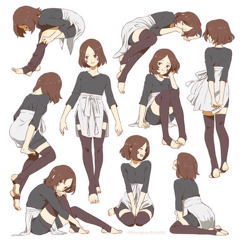 various poses and positions of a woman in tights with her hands on her knees