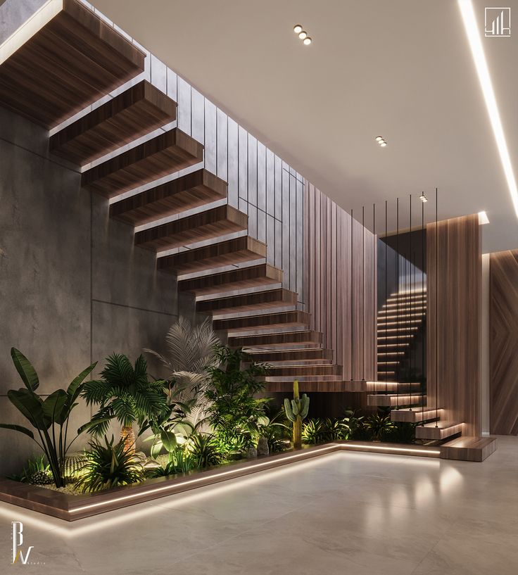 a modern staircase with plants and lights in the corner, next to an indoor planter