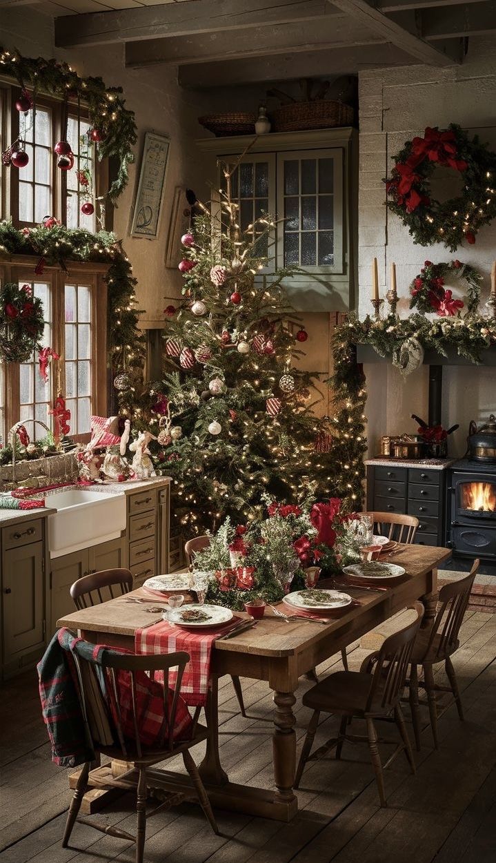 a dining room table with christmas decorations on it and a small tree in the corner