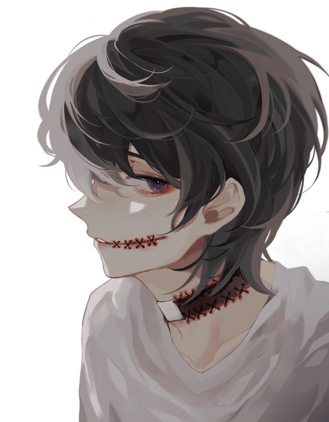 an anime character with black hair and blood on his face, wearing a white shirt