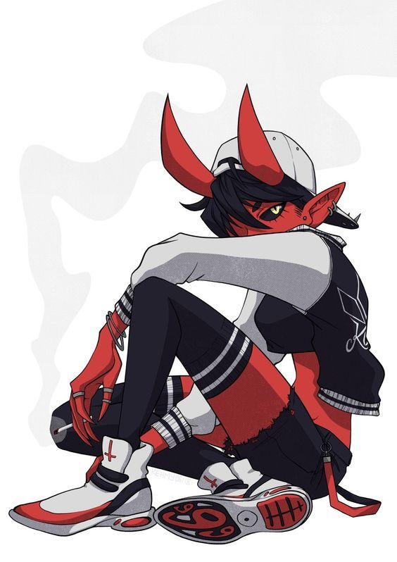 a drawing of a person with red horns on their head and black pants, sitting in front of a white background