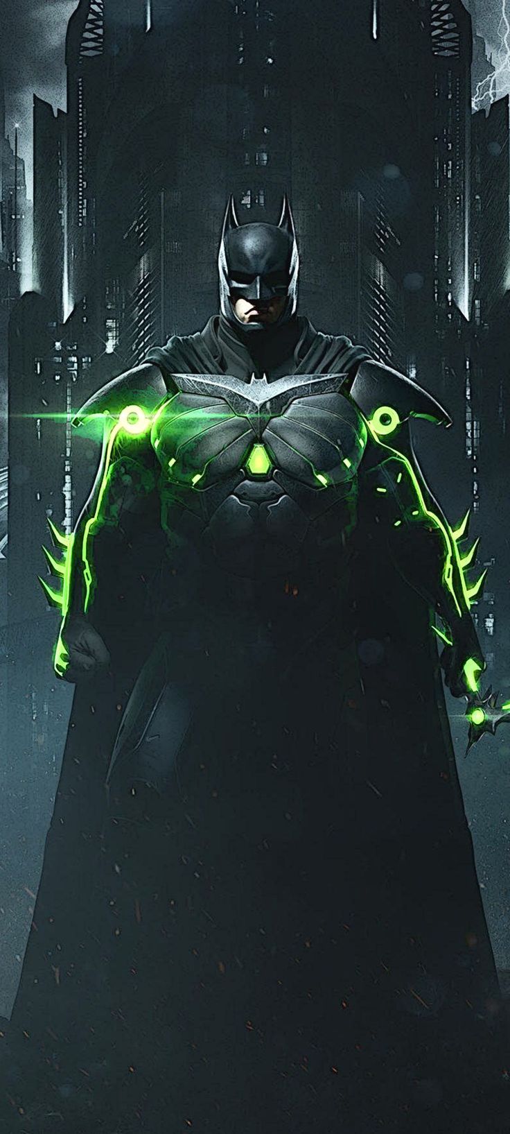 a batman standing in the middle of a city with green lights on his chest and cape