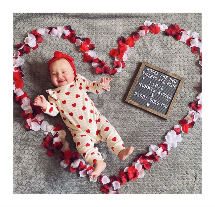 a baby laying on top of a blanket in the shape of a heart next to a sign