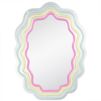 a round mirror with multicolored lines on the edges and a circular frame in the middle