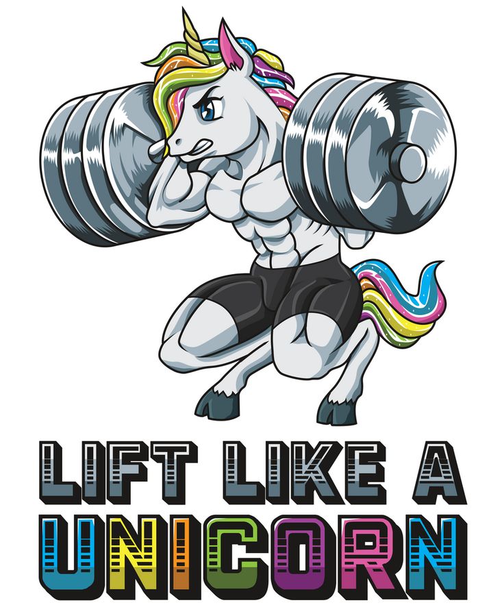 a cartoon unicorn lifting a barbell with the words lift like a unicorn on it