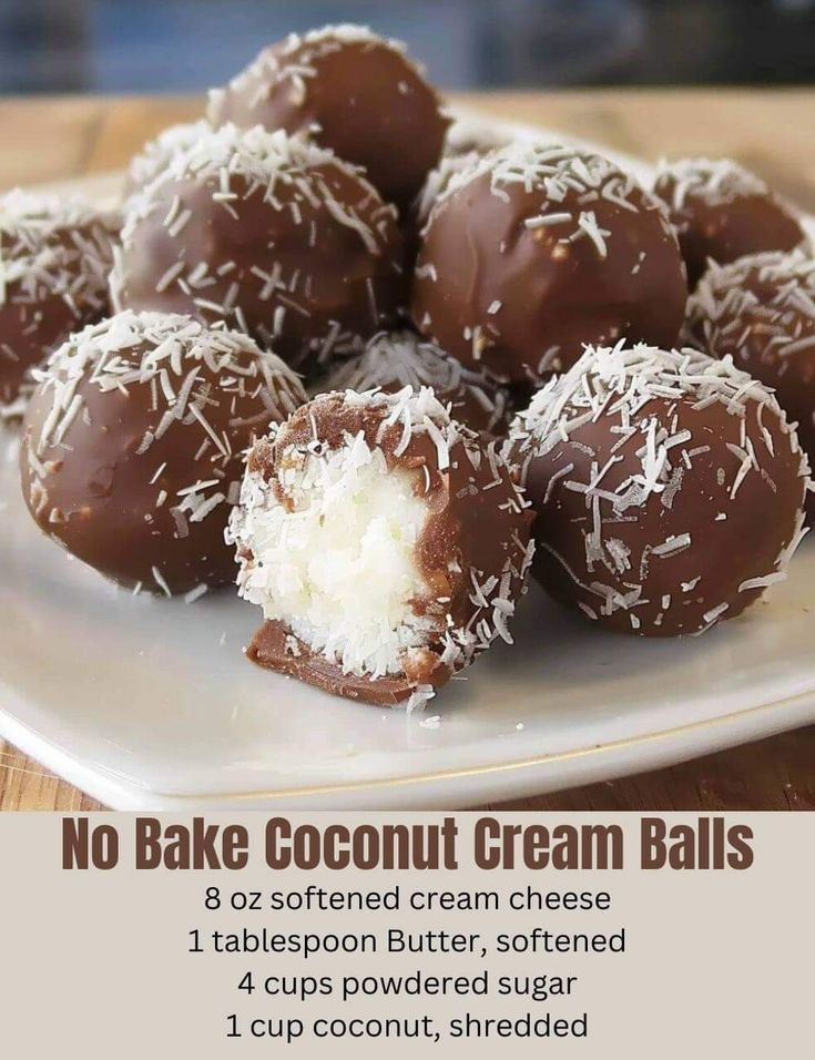 no bake coconut cream balls on a white plate