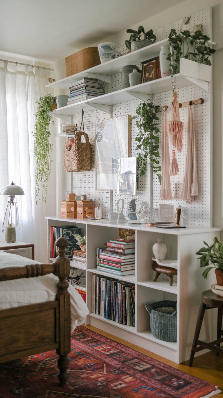 a bedroom with white shelves filled with books and plants