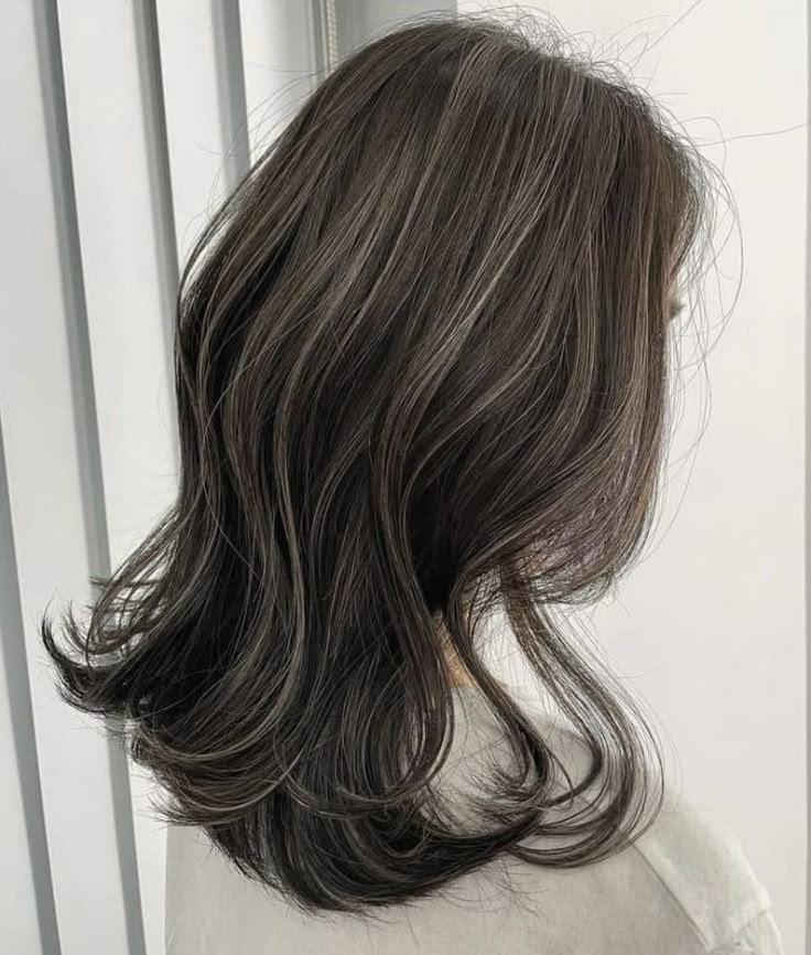 Textured Layers Haircut, Light Highlights For Black Hair, Highlight Inspo For Dark Hair, Layered Black Hair With Highlights, Black Hair With Brown Highlights Asian, Dark Brown With Cool Tone Highlights, Layered Hair With Highlights Brunettes, Ash Beige Highlights On Dark Hair, Smokey Beige Balayage