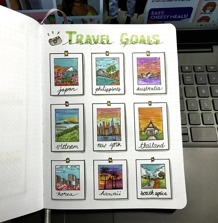 an open notebook with travel images on it and the words'travel goals'written in small letters