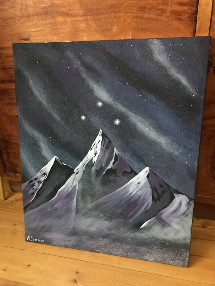 an acrylic painting of mountains with stars in the sky