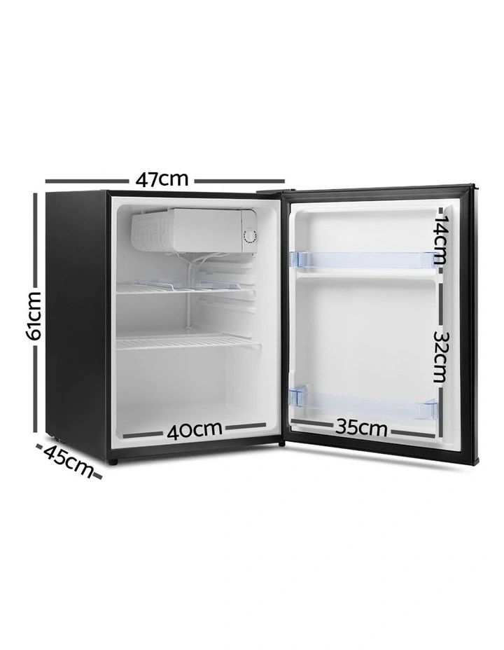 an open refrigerator is shown with the door wide open and measurements for its contents to be displayed