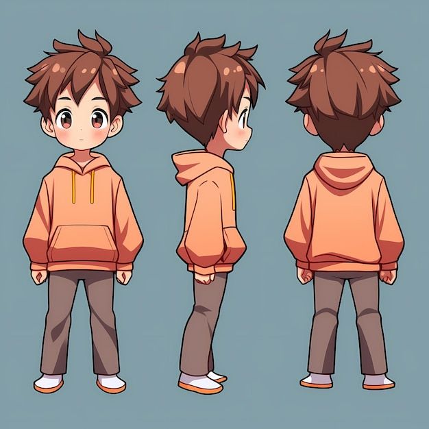 the animation character is wearing an orange hoodie and grey pants, while standing with his hands in his pockets