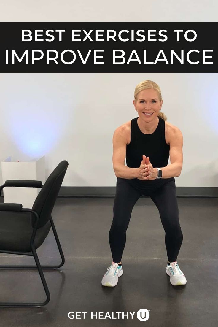 a woman in black shirt and leggings with text overlay that reads best exercises to improve balance