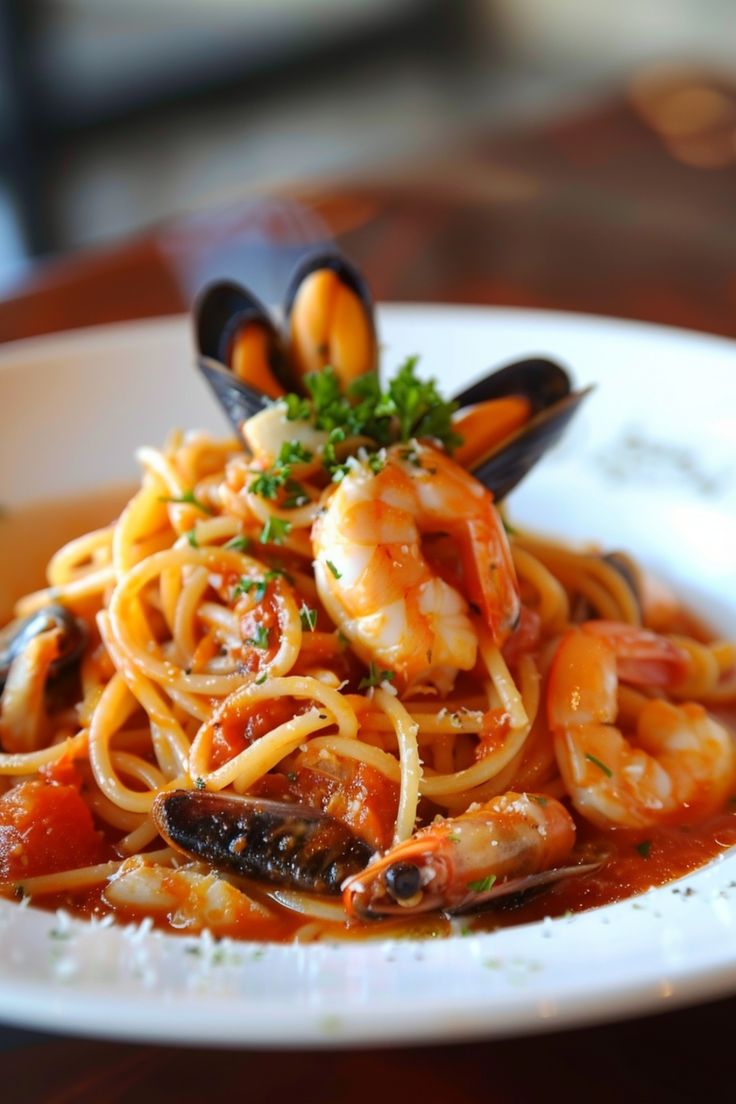 pasta with shrimp and mussels in tomato sauce on a white plate sitting on a wooden table