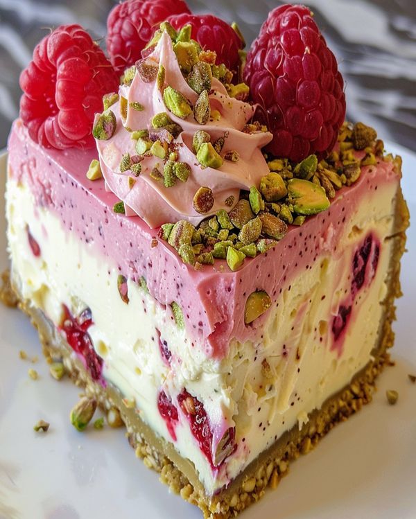 a piece of cake with raspberries and pistachios on top