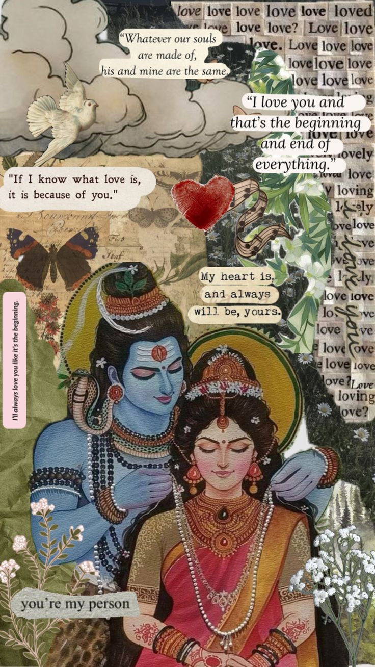 an art work with words and pictures on the page, including two women in traditional garb