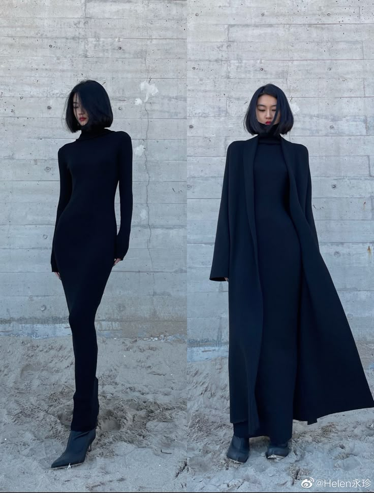 All Black Fits Women, Long Neck Women, Feminine Inverted Triangle Outfits, Long Line Outfits, Chic Winter Dress, All Black Outfit Formal Classy, Long Black Dress Winter Outfit, Fantasy Modern Outfit, Dark Dresses Elegant