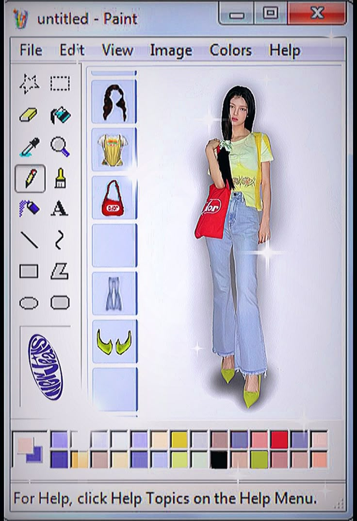 a woman holding a red purse standing in front of a computer screen with an image on it