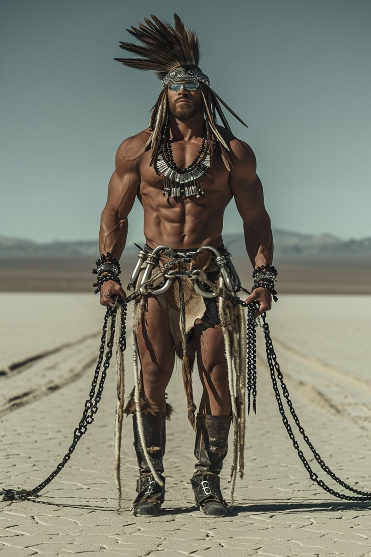 a man with no shirt wearing chains and headdress standing in the middle of a desert