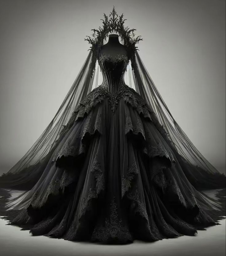 Victorian Wedding Dress Black, Black Dress Fantasy Gowns, Black Princess Dress Fairytale, Vampire Queen Dress, Dark Fantasy Gown, Goth Ball Gown, Dark Gown, Gothic Wedding Dress Black, Goth Wedding Dress