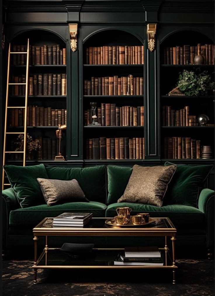 a living room filled with green couches and bookshelves