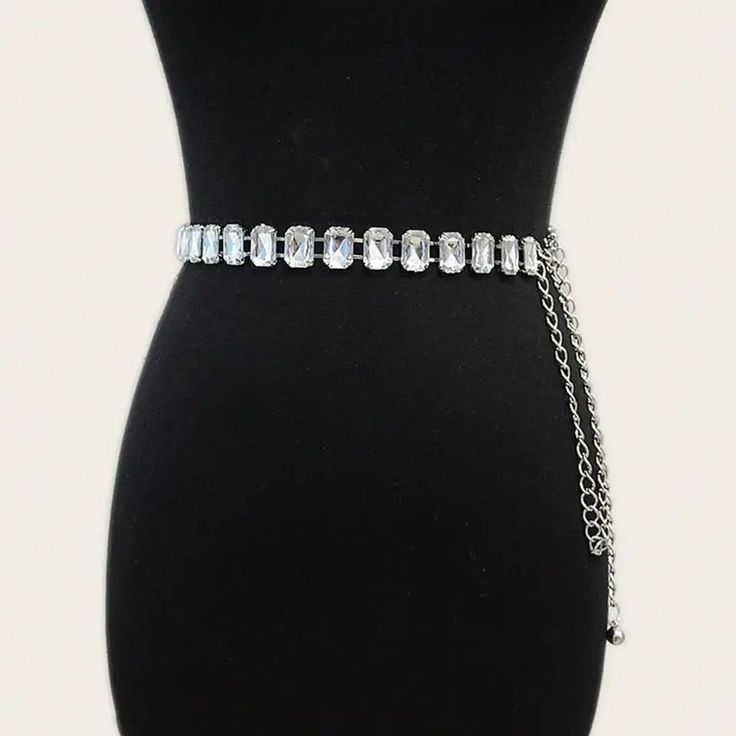 Diamond chain belt. Features: Delicate, Durable, Jewelry Accessories Size Details: Length: 115cm/45.28"(Approx.) Trendy Silver Chain Belt For Party, Silver Adjustable Chain Belt For Evening, Elegant Adjustable Silver Chain Belt, Silver Chain Strap Belt For Evening, Party Silver Chain Link Belt, Silver Adjustable Chain Belt For Party, Adjustable Silver Belt Waist Chain, Elegant Chain Link Waist Chain With Belt Detail, Elegant Waist Chain With Chain Link Belt