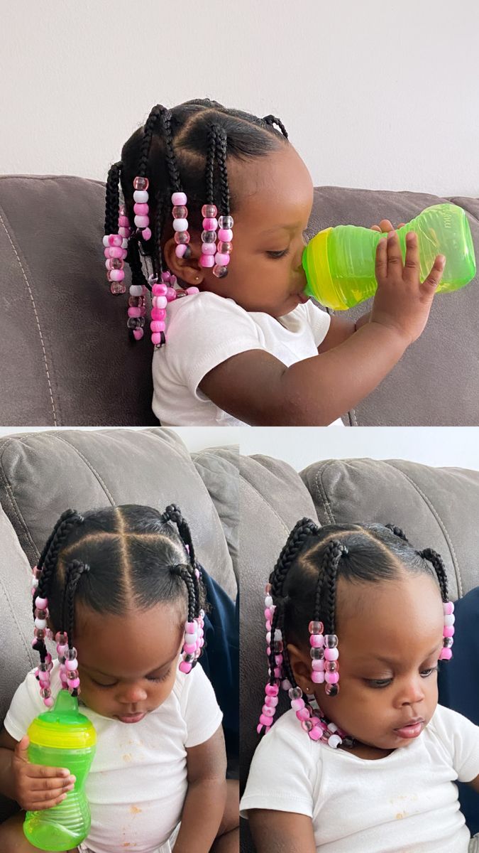 Braid Style With Beads, Toddler Hairstyles Girl Natural Hair, Toddler Hairstyles Girl Black With Beads, Easy Toddler Braids African American, Baby Hairstyles Girl Black Braids, Hair Twist Styles For Kids, Babies Hairstyles Girl Black, Kids Beaded Hairstyle, Hair Styles With Beads Kids