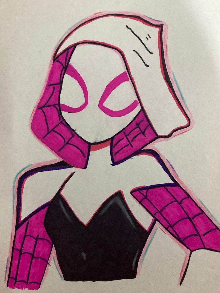 a drawing of a woman with pink hair and spider - man makeup on her face