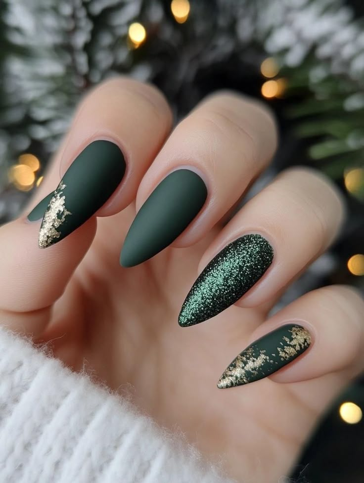 Green Christmas Nails 2025: Festive Nail Art Ideas to Spark Holiday Cheer Christmas Short Almond Nails Designs, Matt Green Christmas Nails, Sparkly Festive Nails, Matte Holiday Nails Christmas, Dark Green Christmas Nail Designs, Green Ombre Christmas Nails, Matte Green Nails Christmas, New Year Biab Nails, December Nails Matte